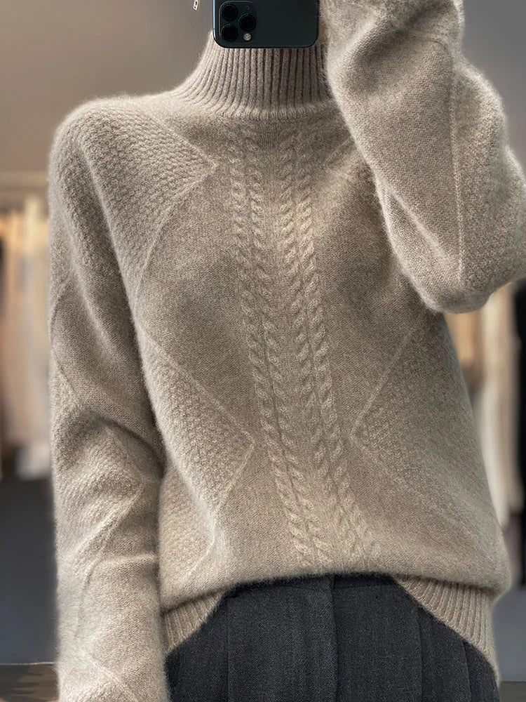 Women's Cable-Knit Turtleneck Sweater with Ribbed Hem