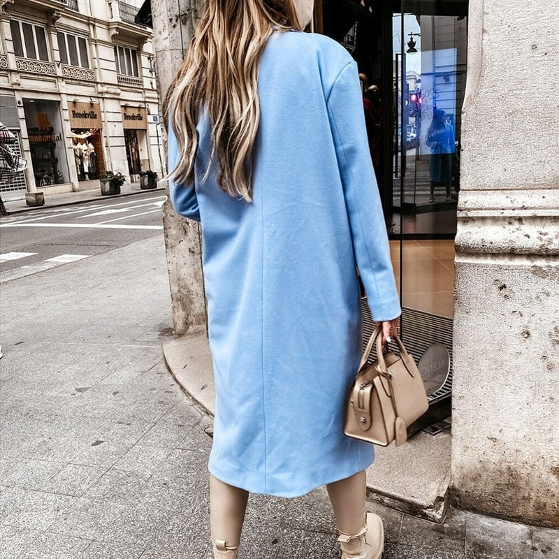Women's Double-Breasted Long Coat with Notch Lapel