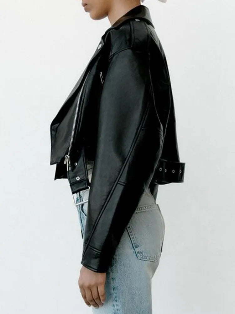 Women's Cropped Biker Jacket with Notch Collar and Belt