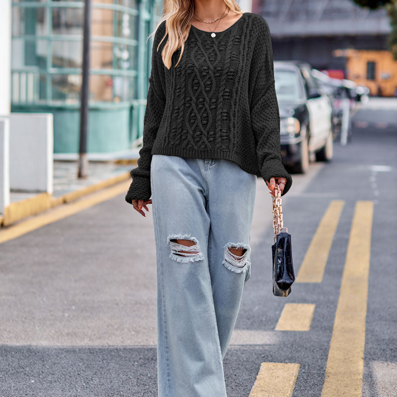 Women's Cropped Cable Knit Sweater with Drop Shoulder