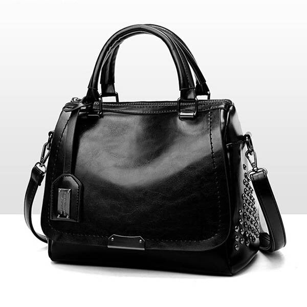 Women's Leather Satchel Bag with Studded Strap Detail
