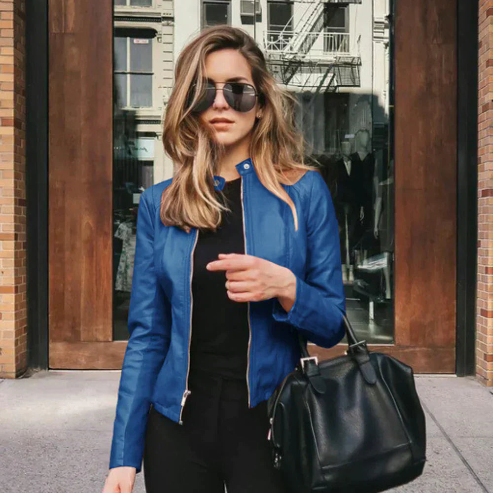Women's Leather Biker Jacket with Zipper Closure