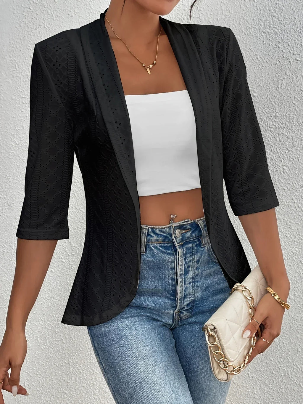 Women's Kimono Drape Coat with Shawl Collar and Eyelet Details