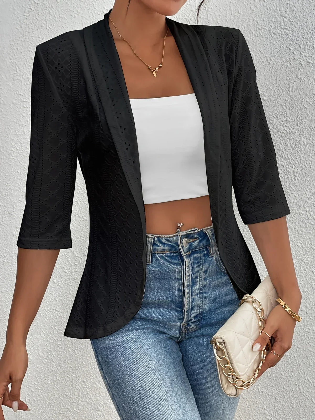 Women's Kimono Drape Coat with Shawl Collar and Eyelet Details