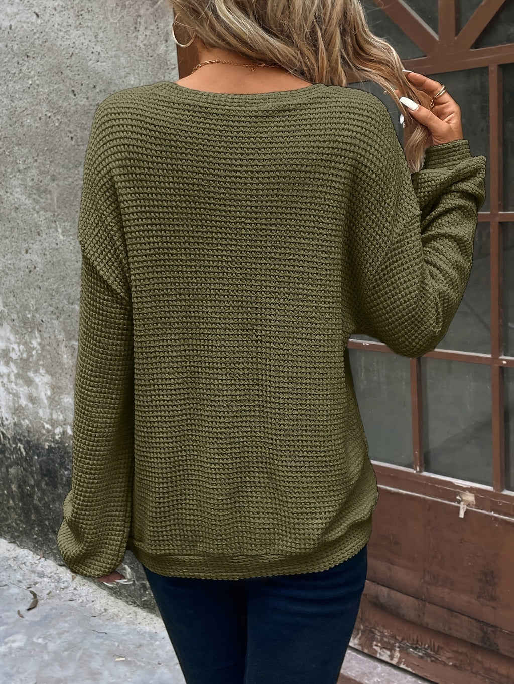 Women's Waffle-Knit Sweater Round Neck Relaxed Fit