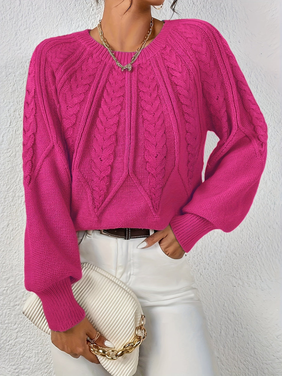 Women's Cable-Knit Raglan Sweater with Ribbed Hem