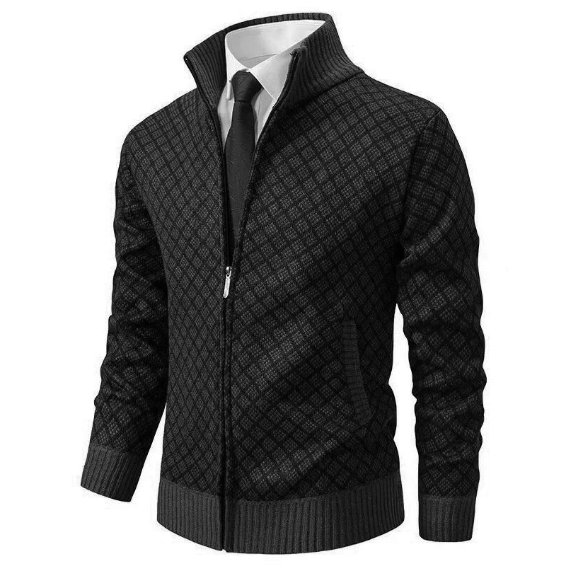 Men's Diamond Jacquard Zip Cardigan, Mock Neck, Long Sleeves