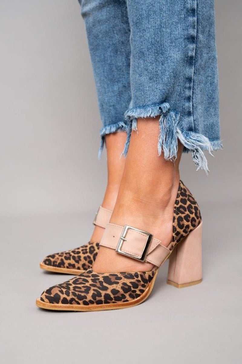 Women's Sandals with Leopard Suede Upper and Stable Heel