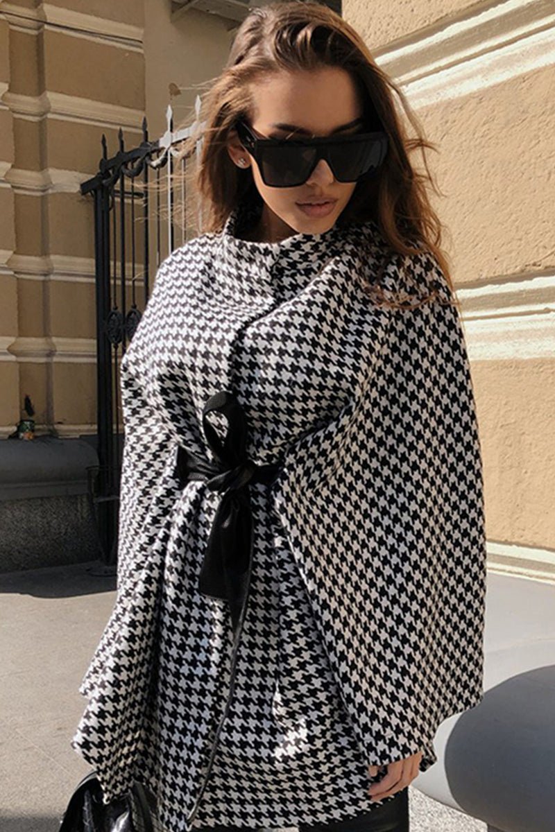 Women's Houndstooth Cape Jacket with Belted Waist