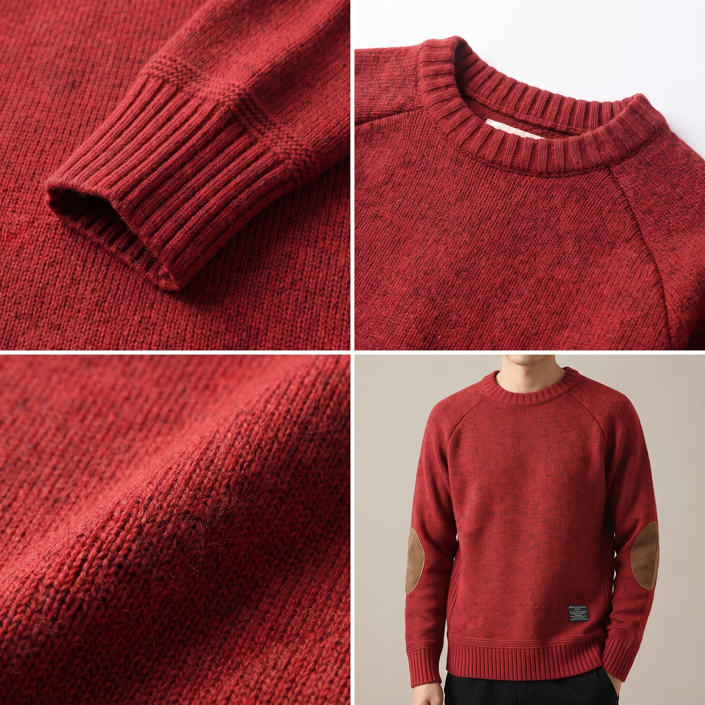 Unisex Crew Neck Knit Sweater, Long Sleeves, Elbow Patches