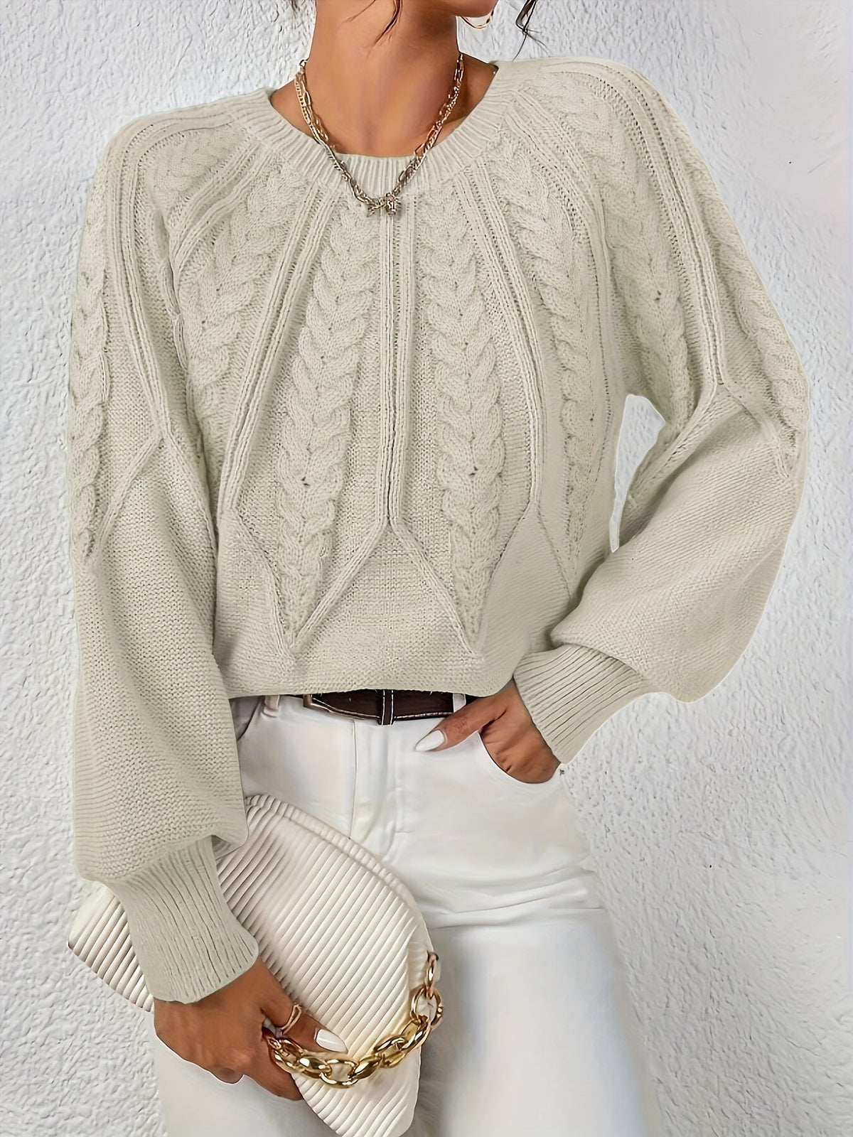 Women's Cable-Knit Raglan Sweater with Ribbed Hem