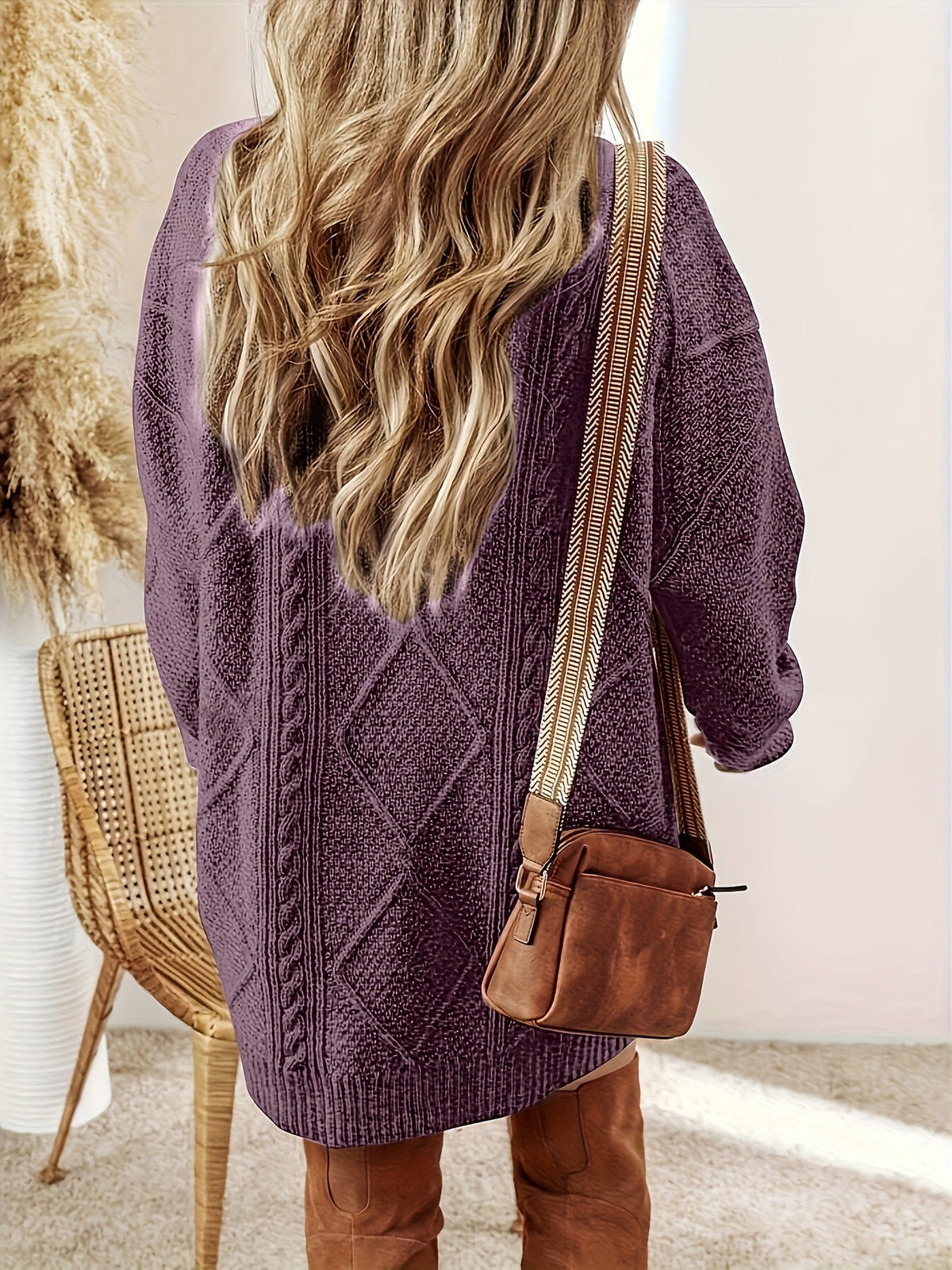 Women's Cable-Knit Sweater Dress Long Sleeve Round Neck