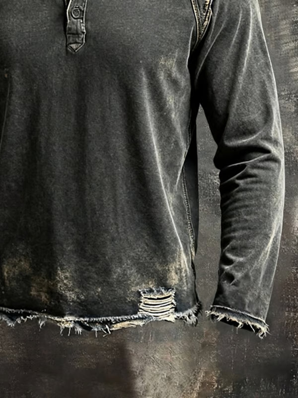 Men's Distressed Henley Sweater, Long Sleeves, Black