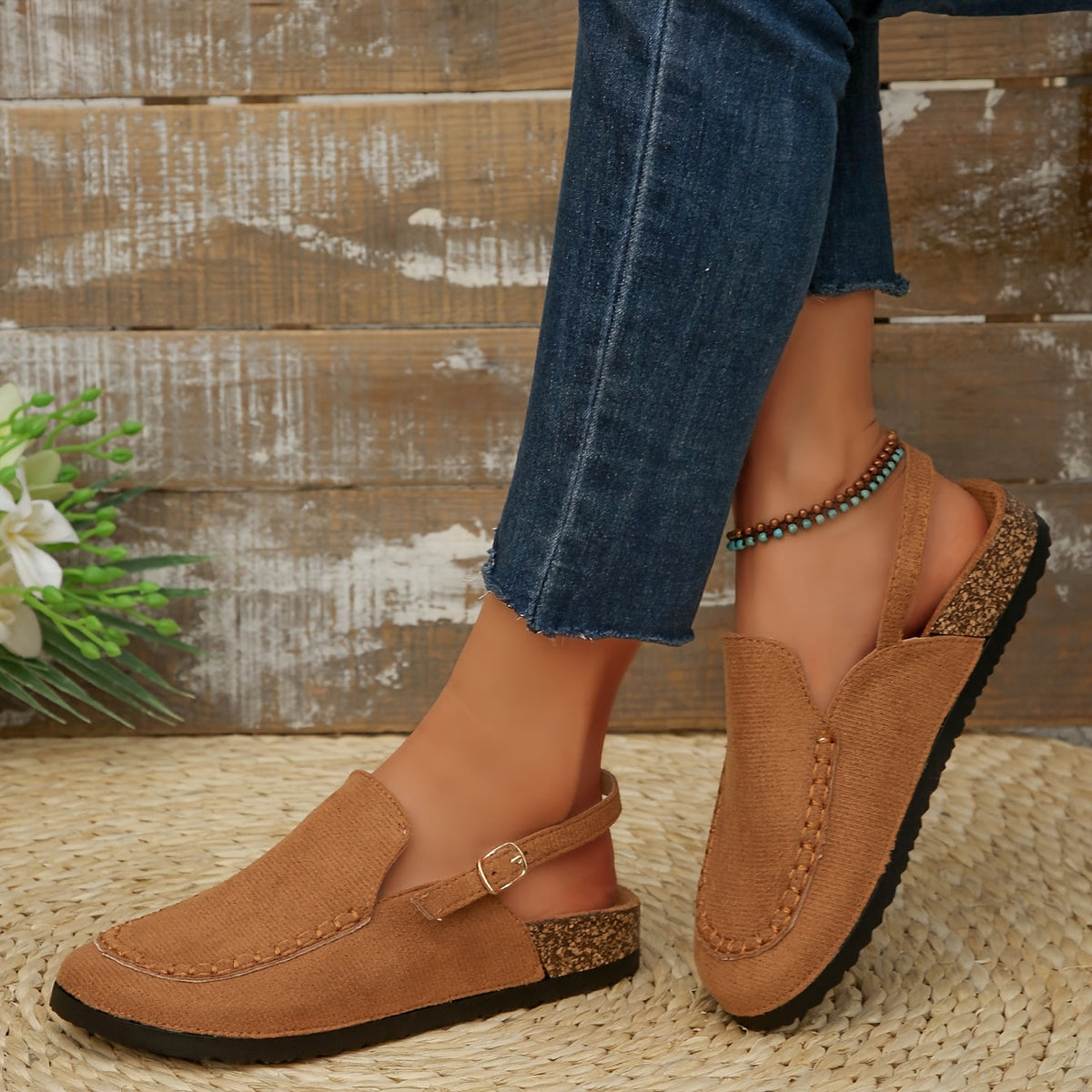 Women's Outdoor Slip-On Loafers with Buckle and Rubber Sole