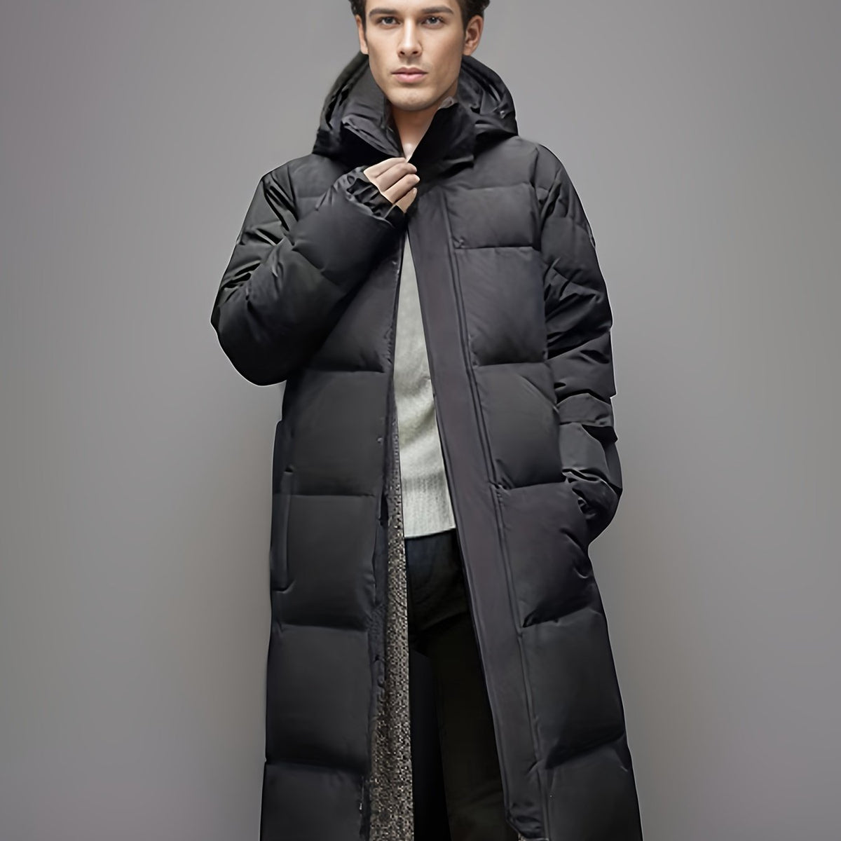 Men's Black Hooded Long Puffer Coat, Zip Front