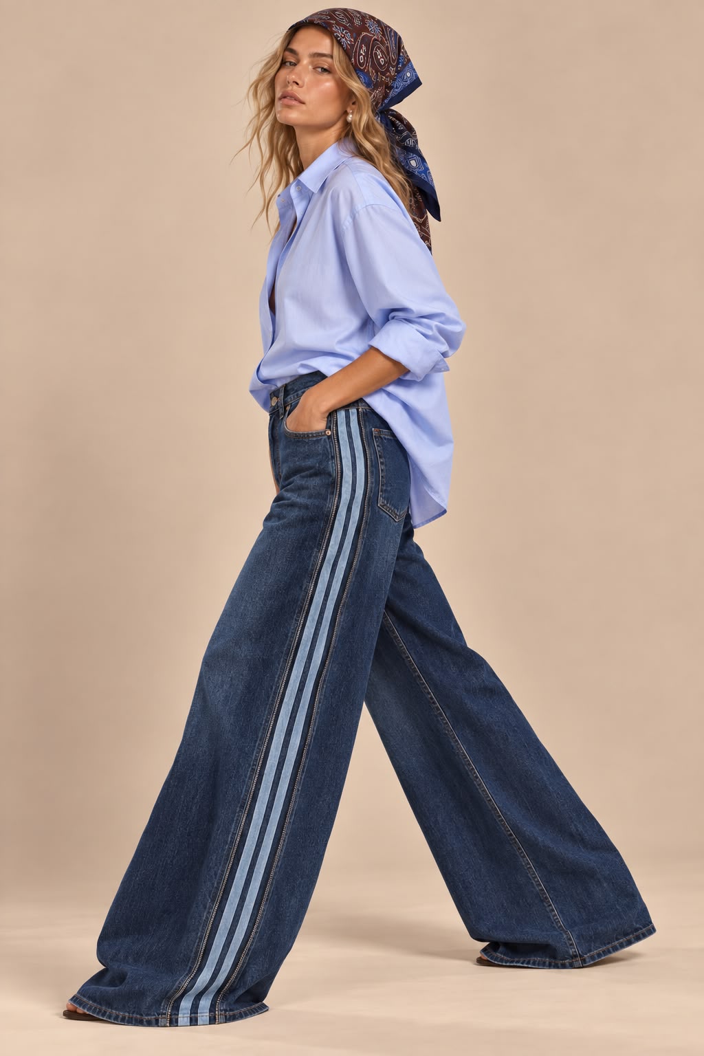 Women's Dark Blue Wide-Leg Jeans With Side Stripes