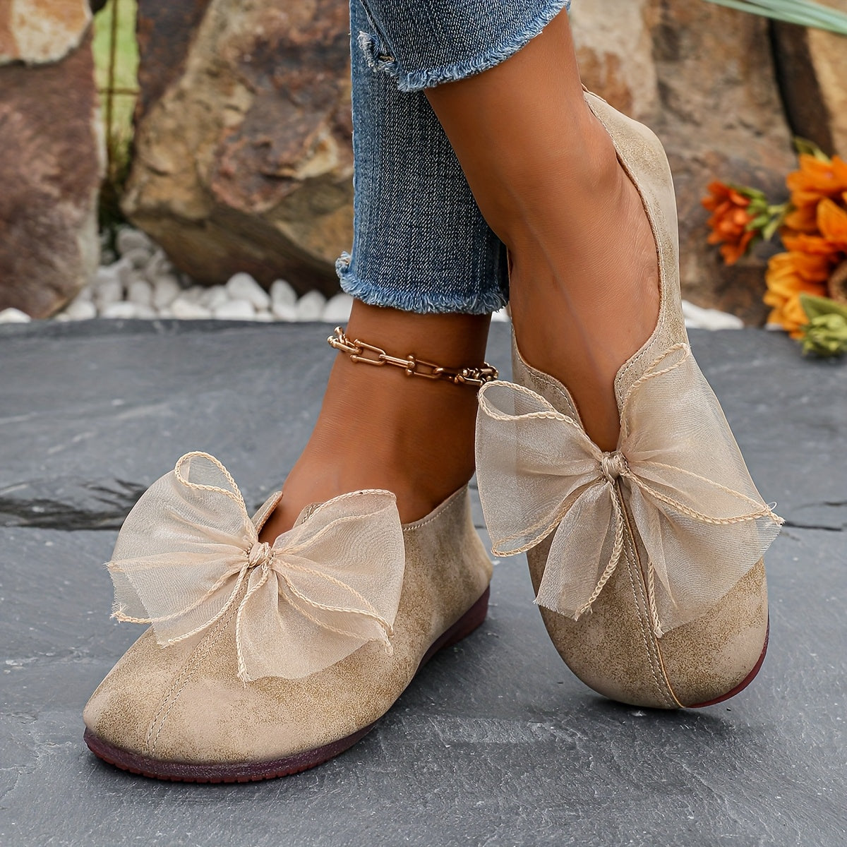 Women's Bow-Accent Slip-On Flats with Cushioned Sole