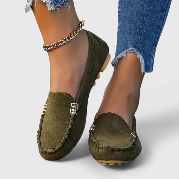 Women's Suede Loafers with Moccasin Stitching and Flat Rubber Sole