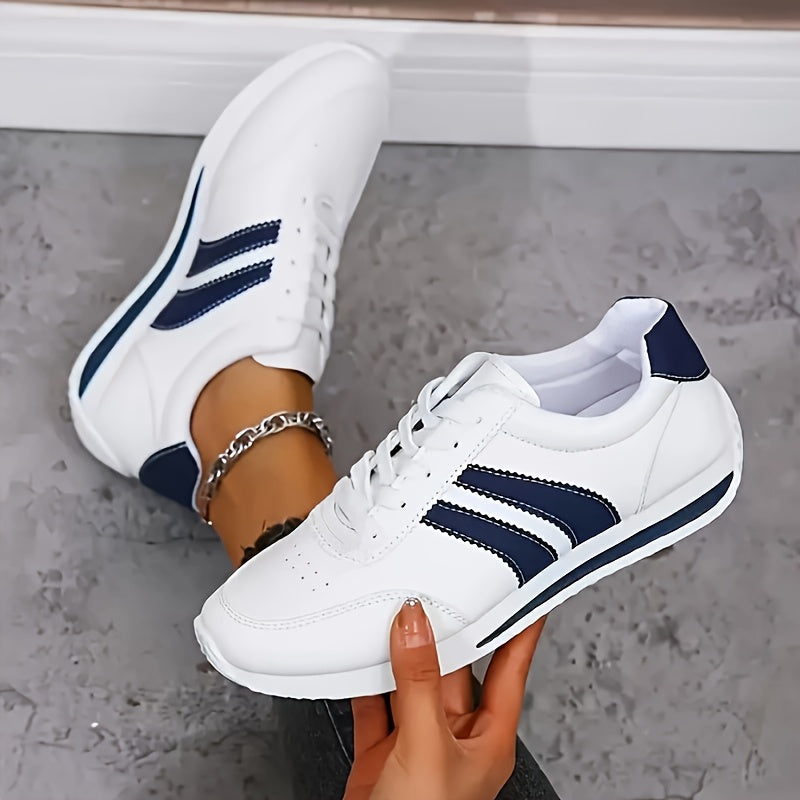 Women's White Striped Lace-Up Sneakers, Round Toe