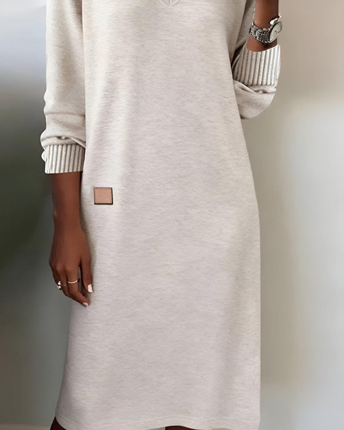 Women's V-Neck Long Sleeve Dress with Ribbed Cuffs