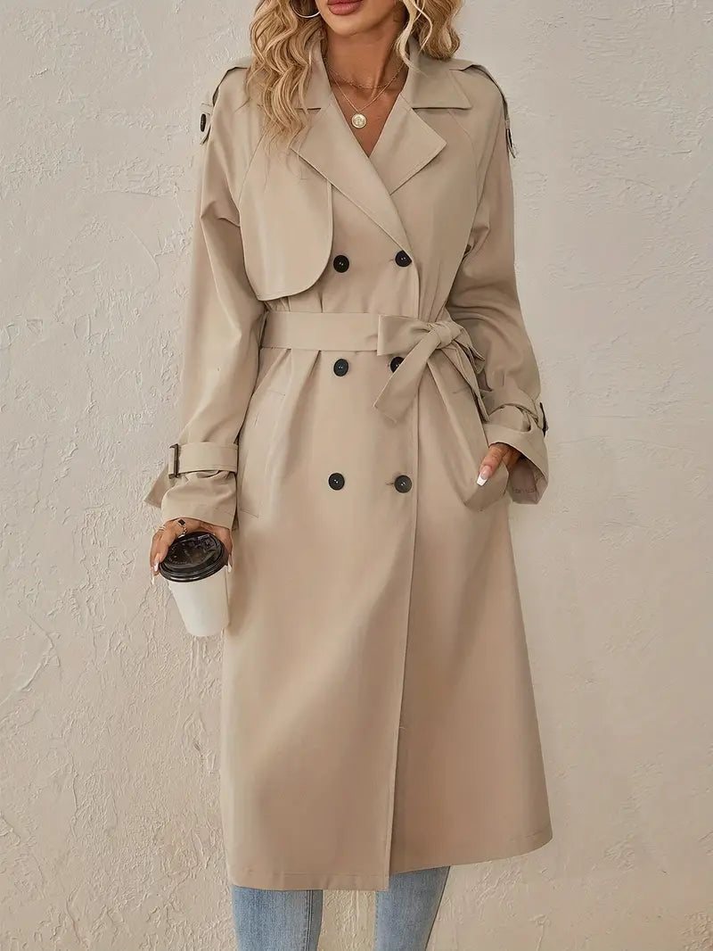 Women's Double-Breasted Long Trench Coat with Belt