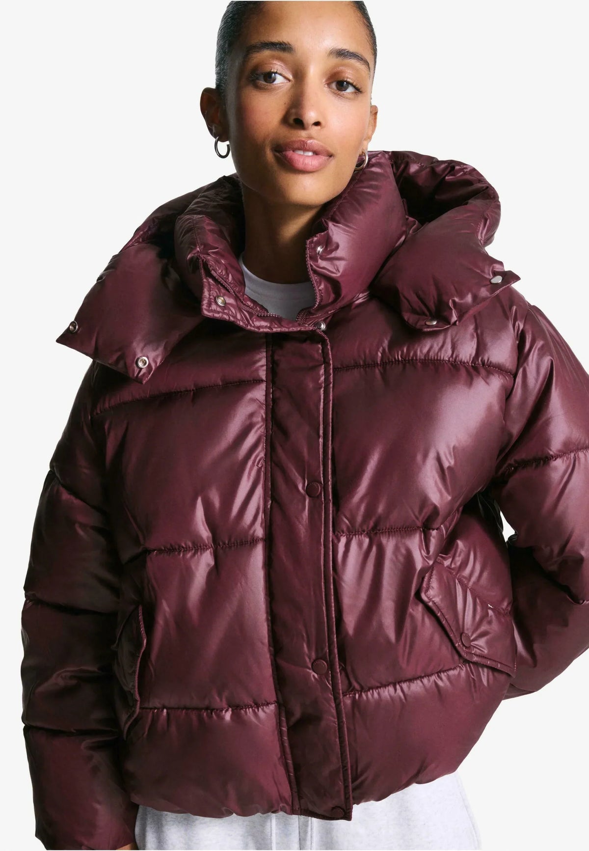 Women's Burgundy Puffer Jacket, Hooded, Quilted, Long Sleeve