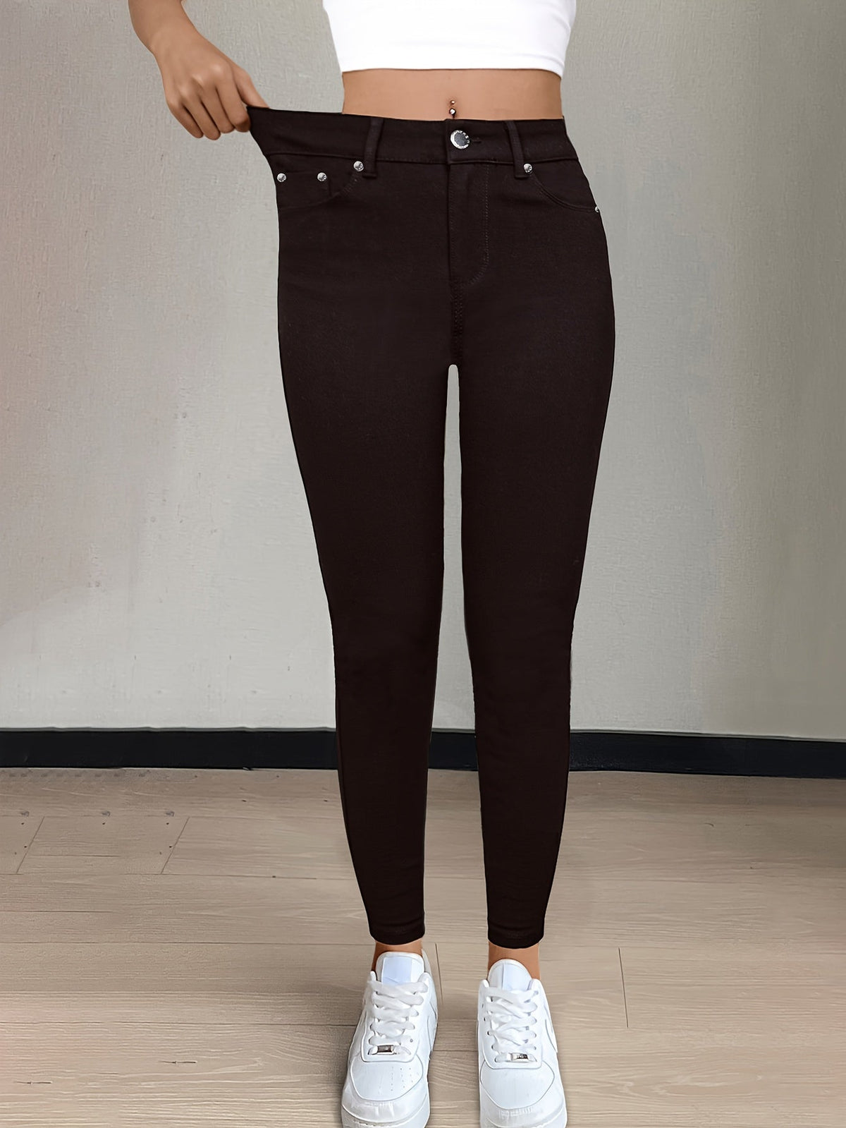 Women's High-Waist Skinny Jeans with Five-Pocket Design