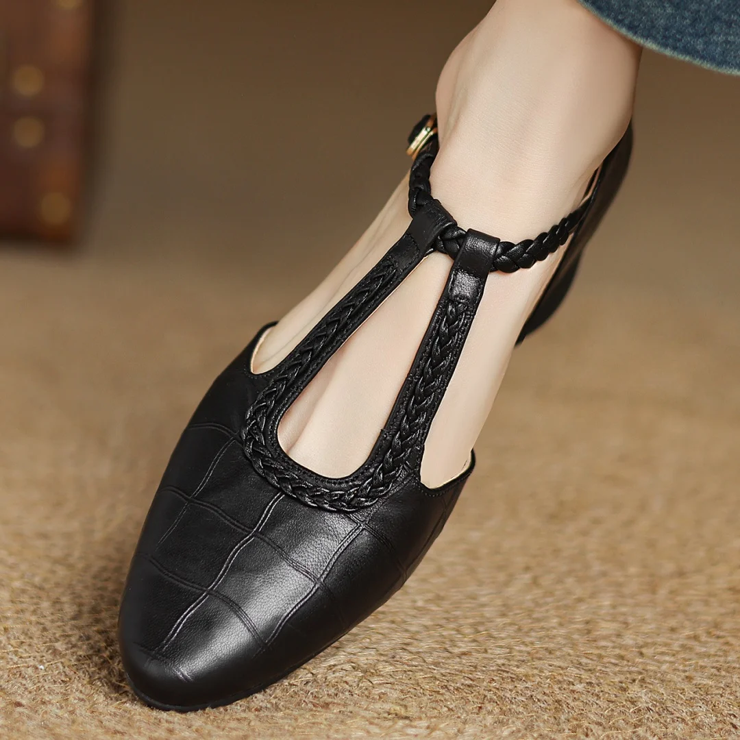 Women's Leather T-Strap Mary Jane Flats with Pointed Toe and Cushioned Sole
