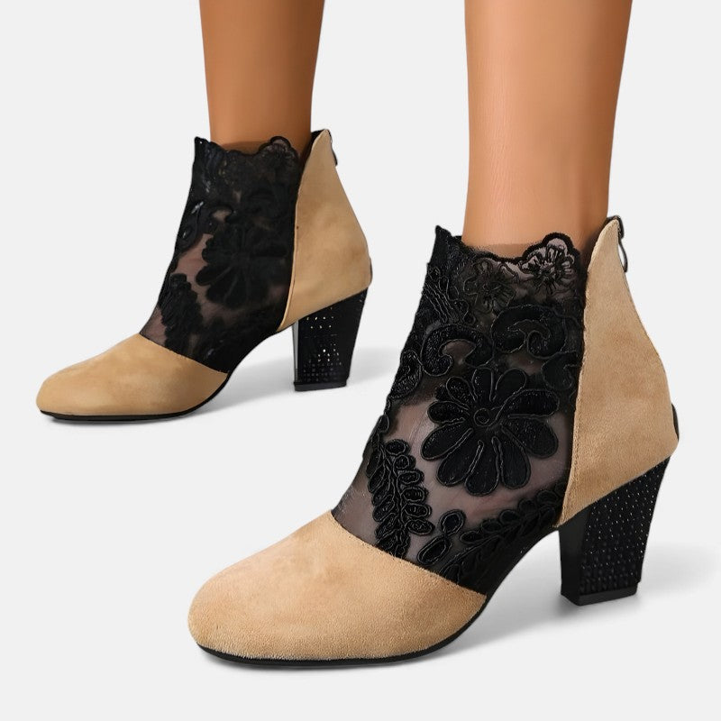 Women's Lace Overlay Ankle Boots with Block Heel