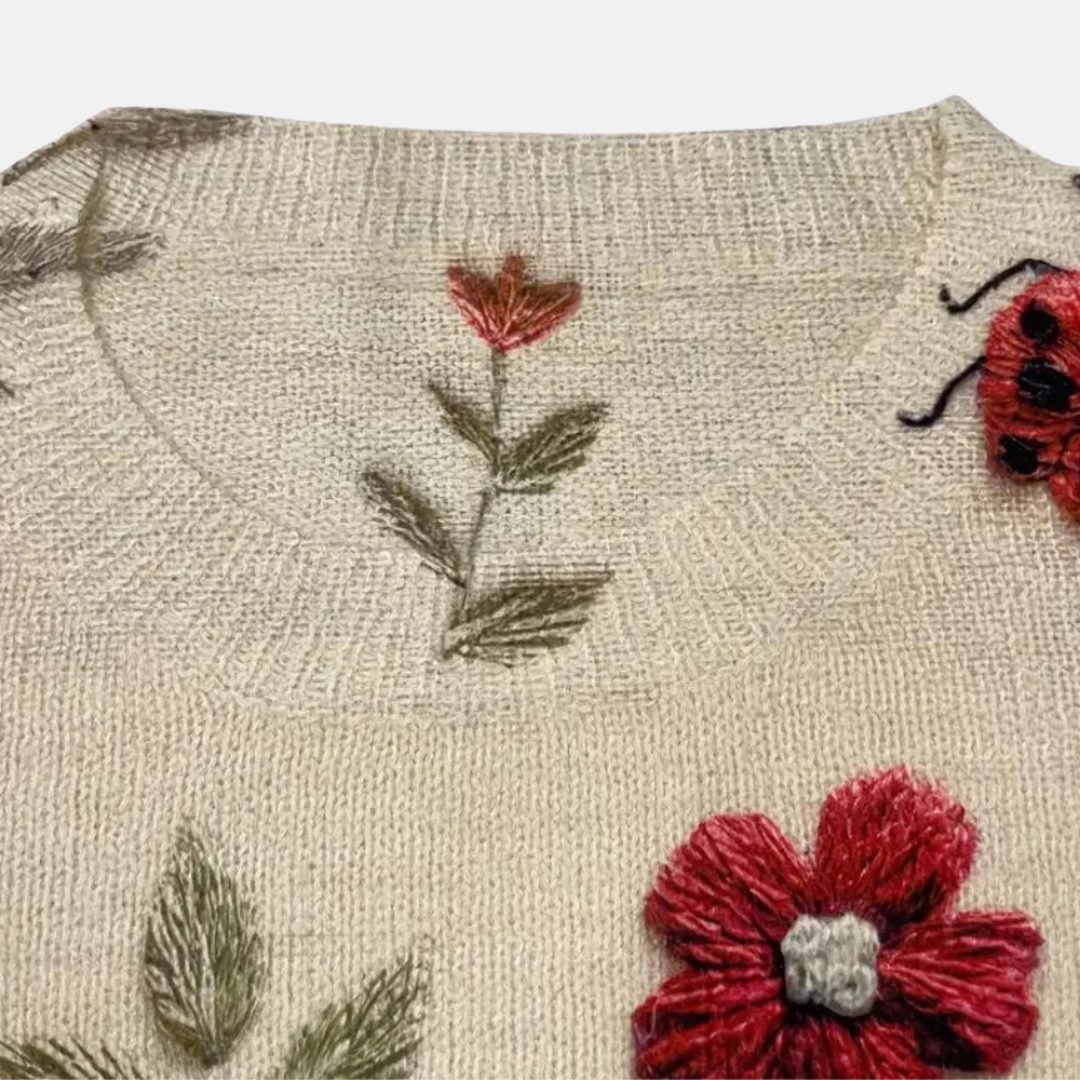 Women's Embroidered Floral Pullover Sweater Crew Neck