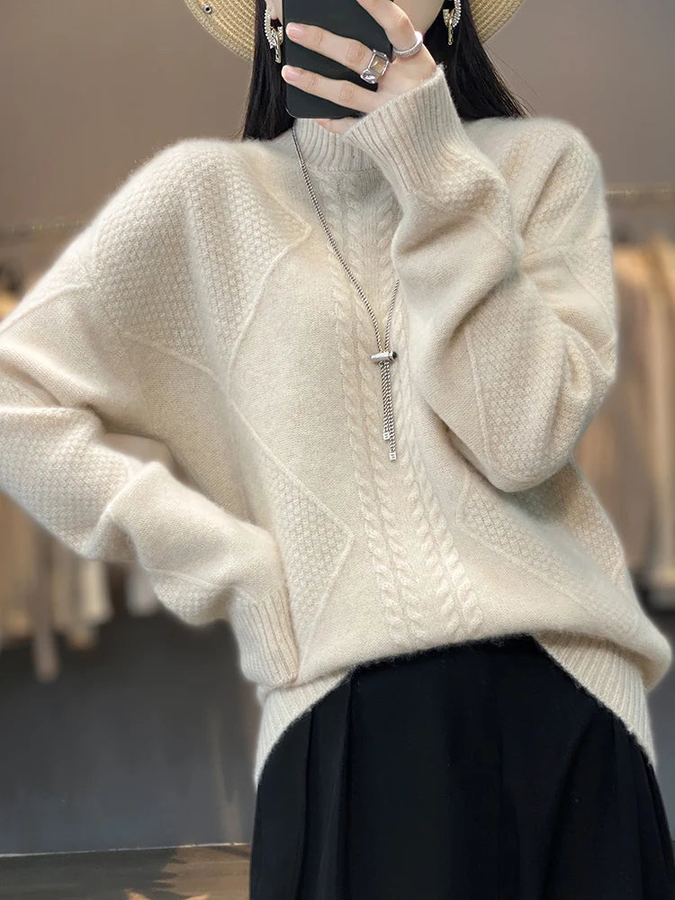 Women's Cable-Knit Turtleneck Sweater with Ribbed Hem