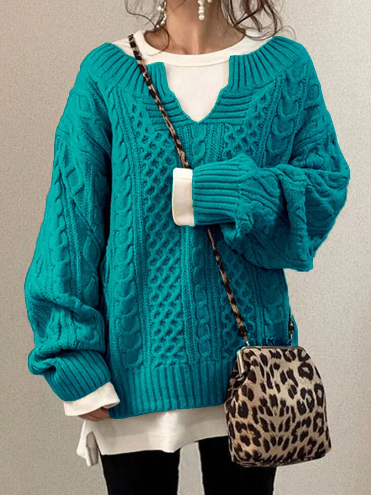 Women's Cable-Knit Oversized Sweater with V-Neck