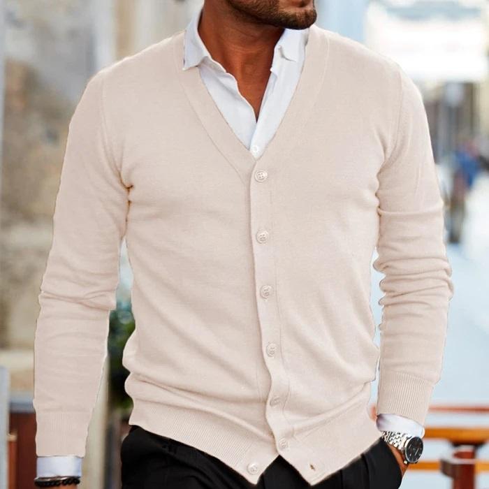 Men's V-Neck Button Cardigan, Long Sleeves, Ribbed Trim