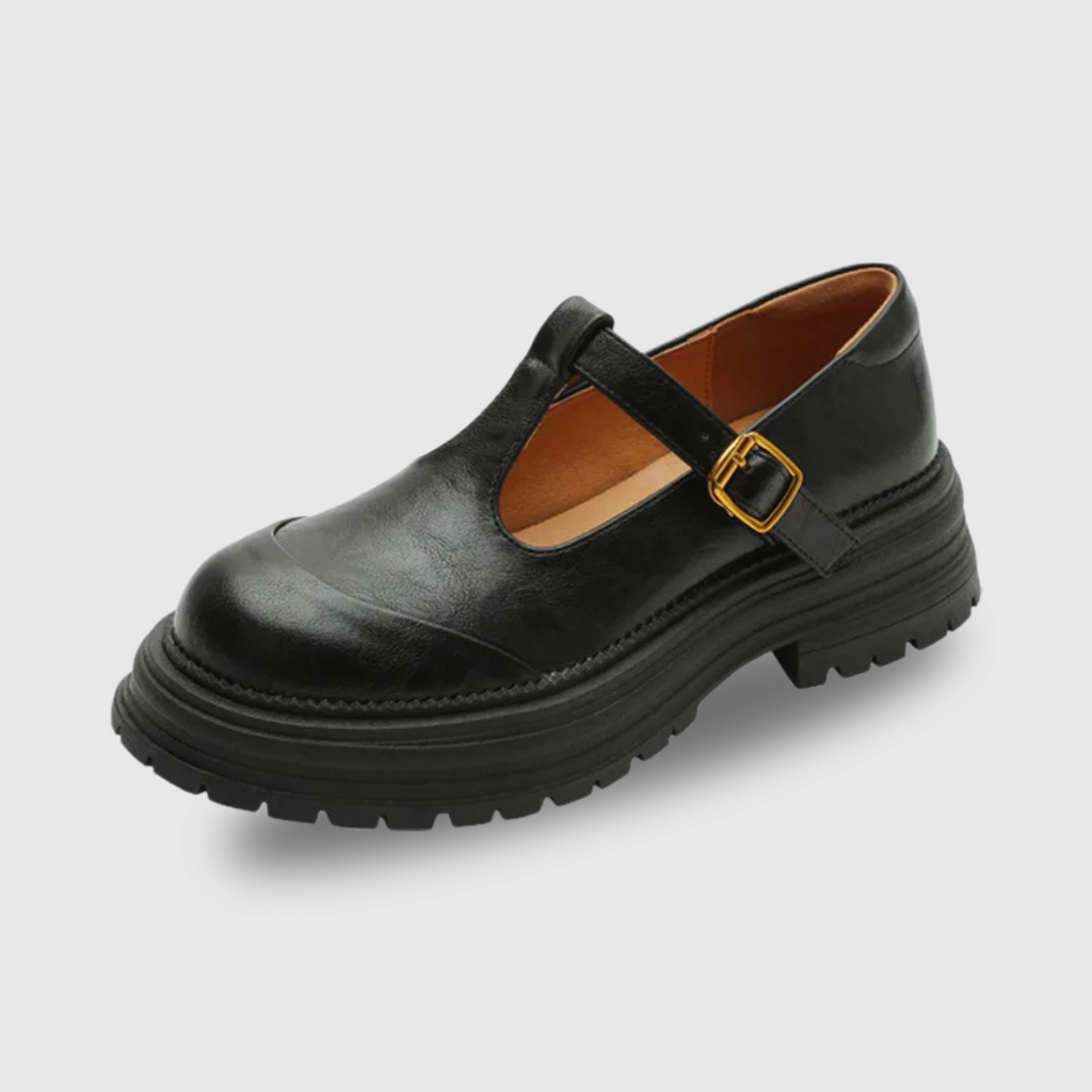 Women's T-Bar Mary Jane Shoes with Brogue Detail and Low Heel