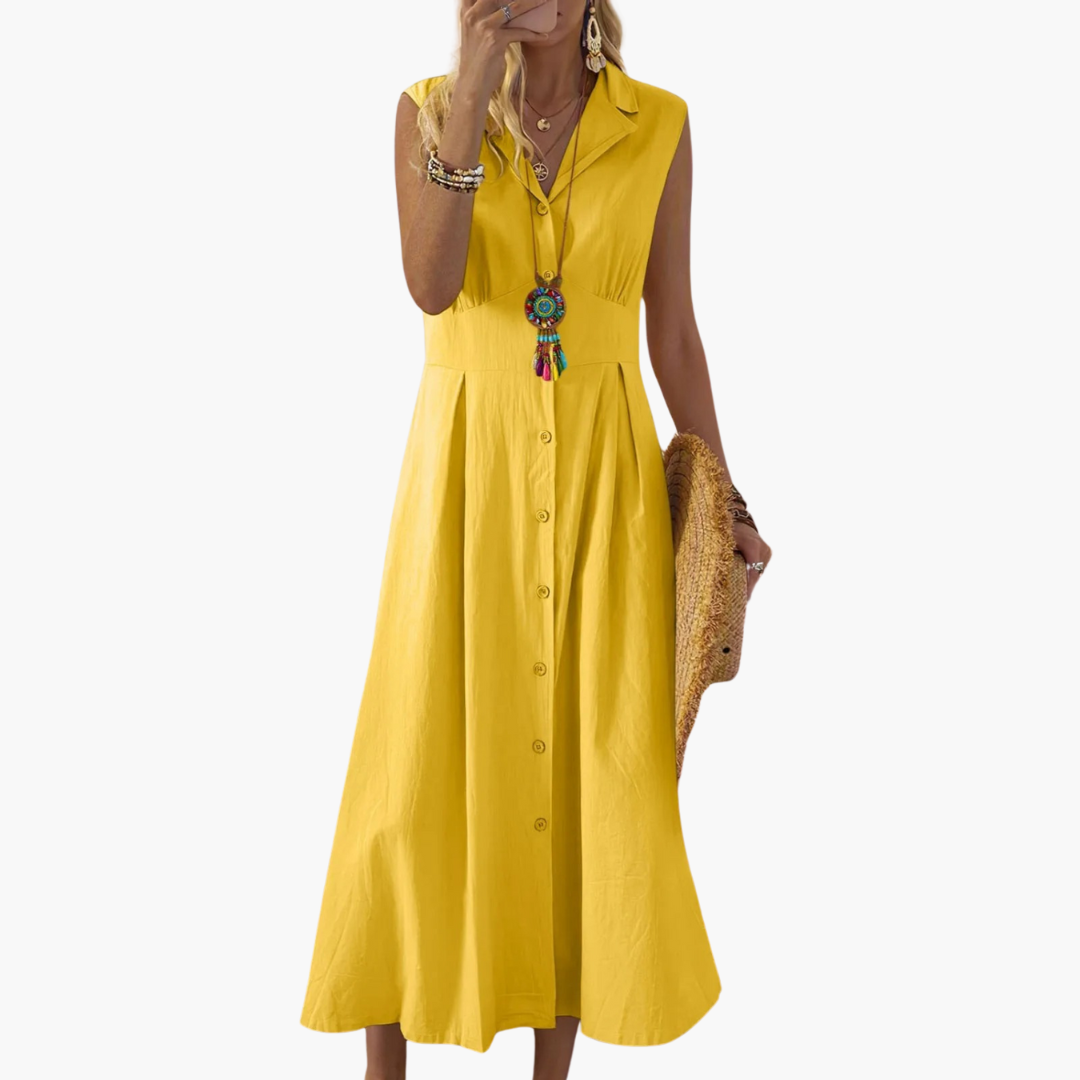 Women’s Midi Dress with Button-Down Front and V-Neck