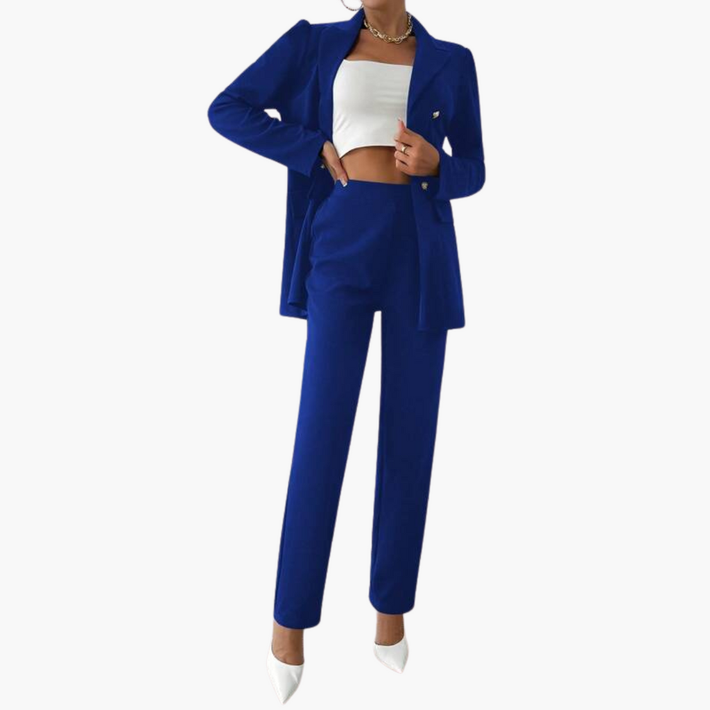 Women's Blazer Set with Notched Lapel and Straight Leg Pants