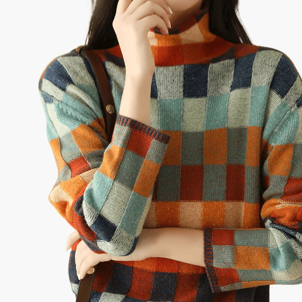 Women's Patchwork Turtleneck Sweater with Long Sleeves and Ribbed Cuffs