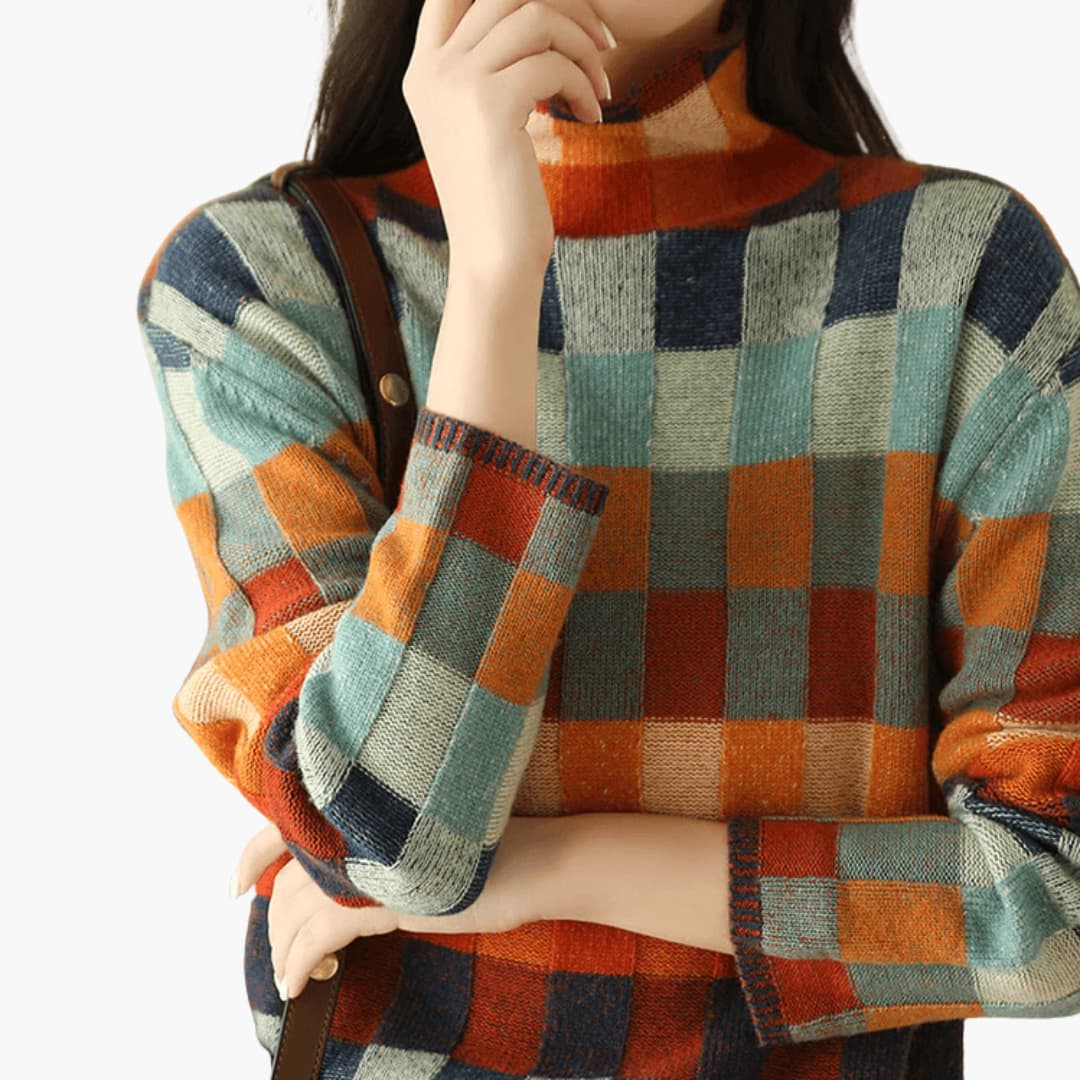 Women's Patchwork Turtleneck Sweater with Long Sleeves and Ribbed Cuffs