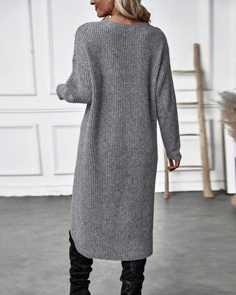 Women's Ribbed Sweater Dress Long Sleeve Knee-Length