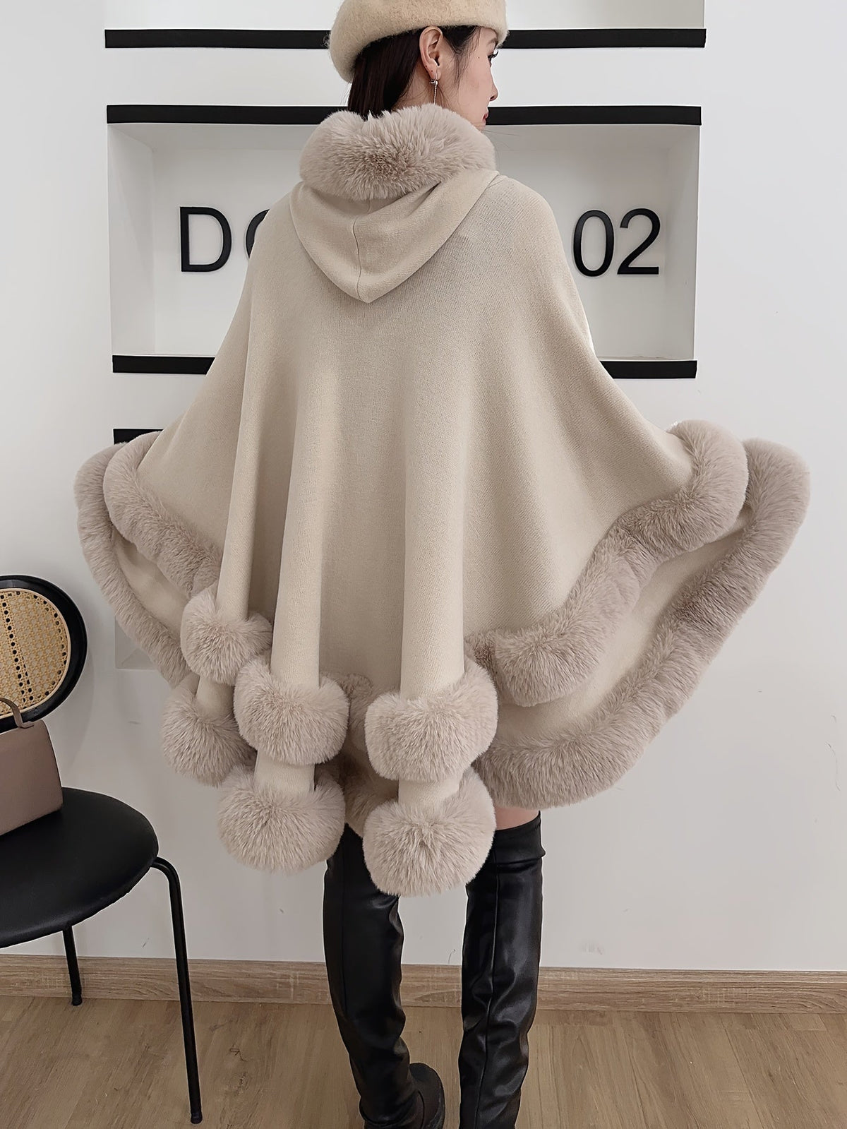 Women's Hooded Cape Coat with Faux Fur Trim