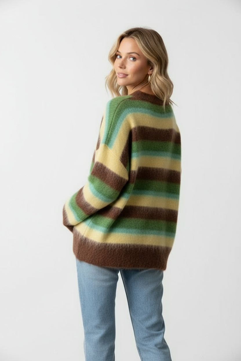 Women's Striped Crew Neck Sweater, Long Sleeves, Oversized Fit