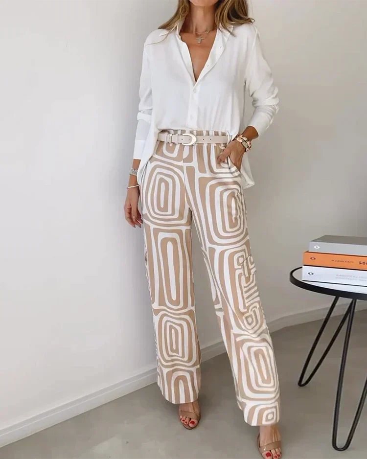 Women's Two-Piece Set with Geometric Print and Free Belt