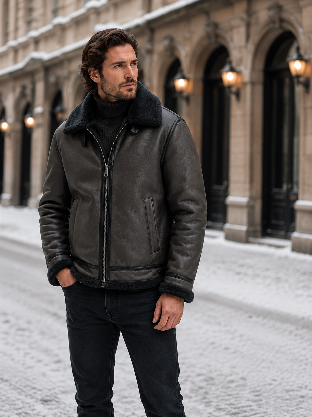 Montarello Men's Aviator Jacket Leather-Look Shearling