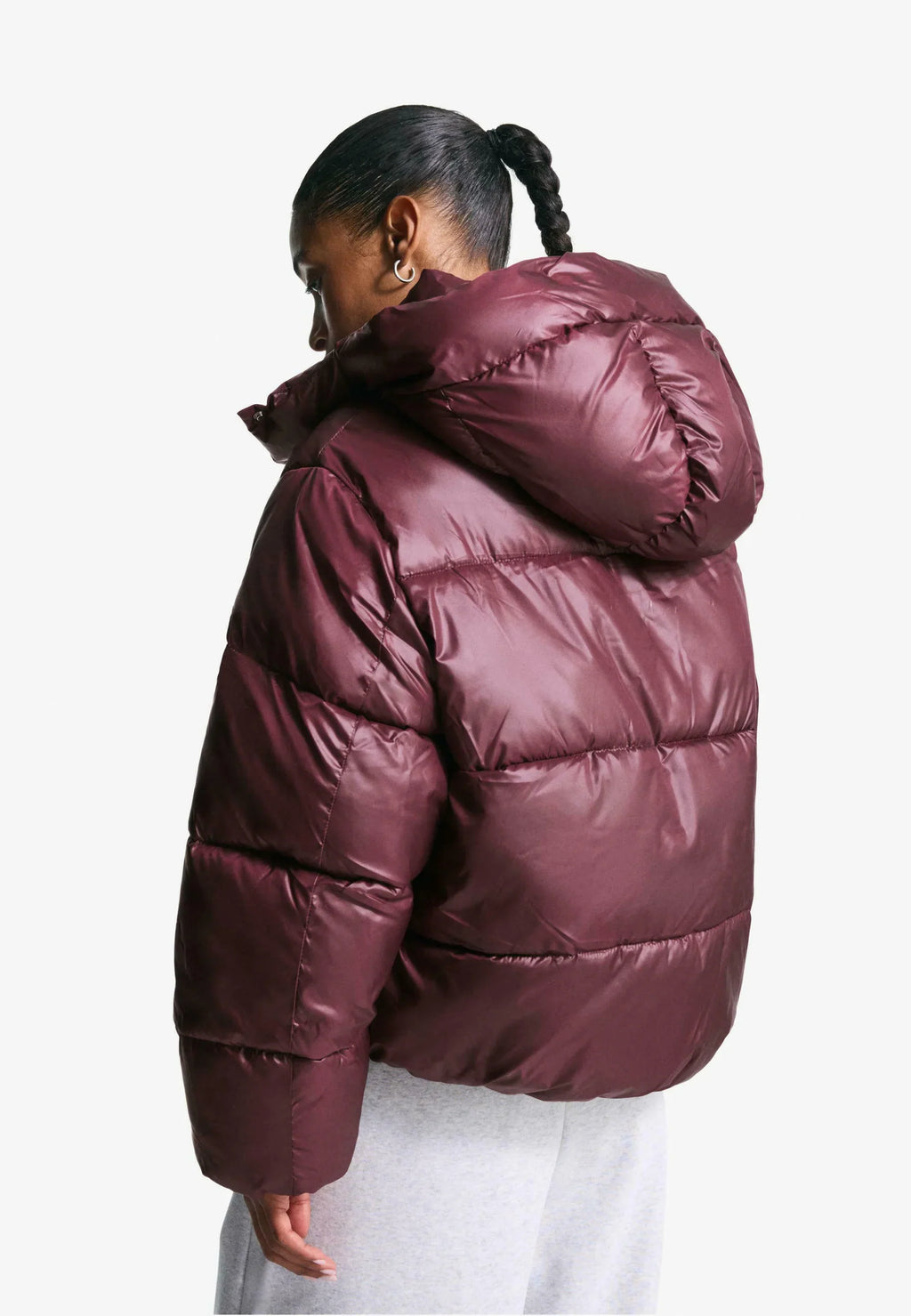 Women's Burgundy Puffer Jacket, Hooded, Quilted, Long Sleeve