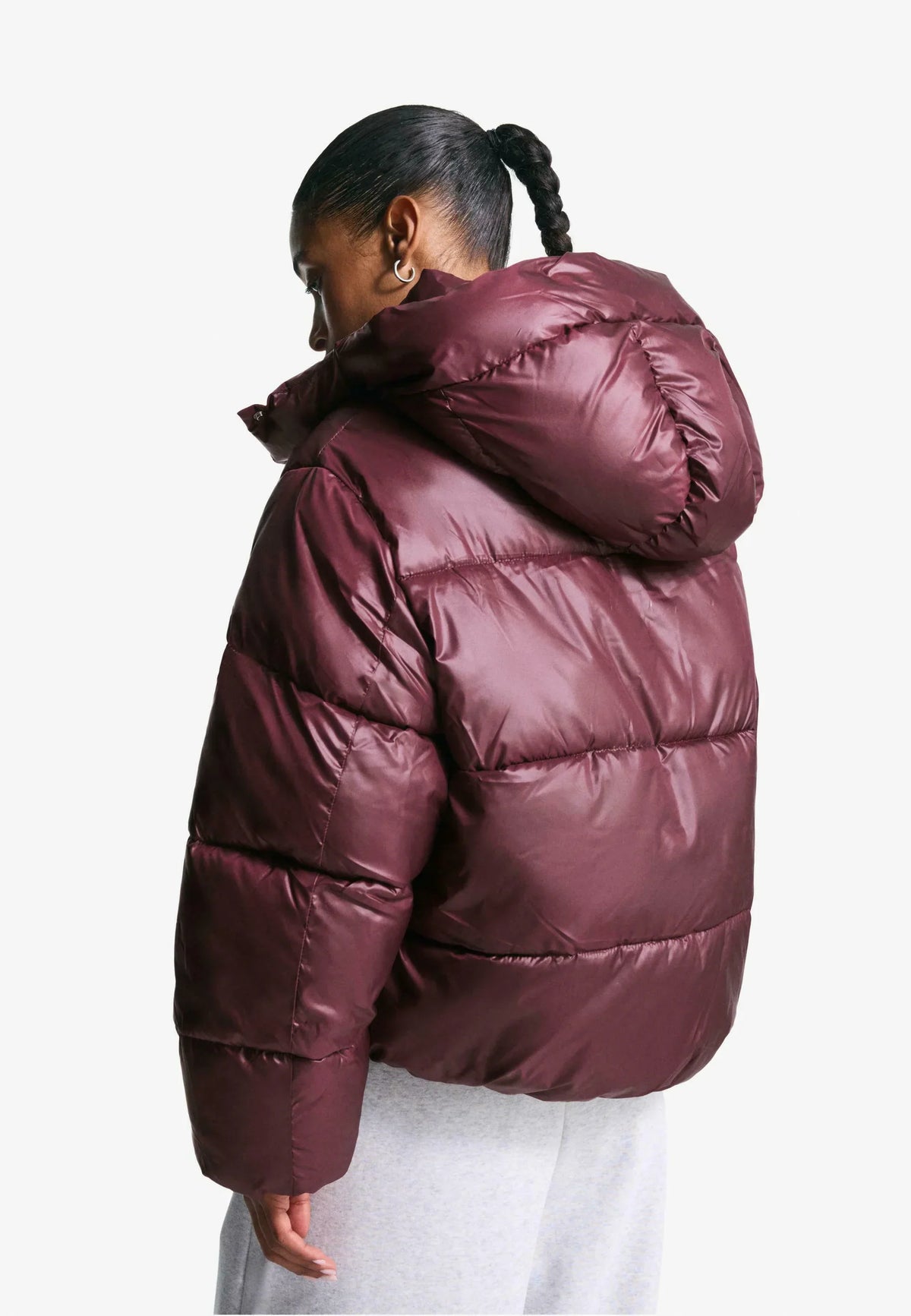 Women's Burgundy Puffer Jacket, Hooded, Quilted, Long Sleeve