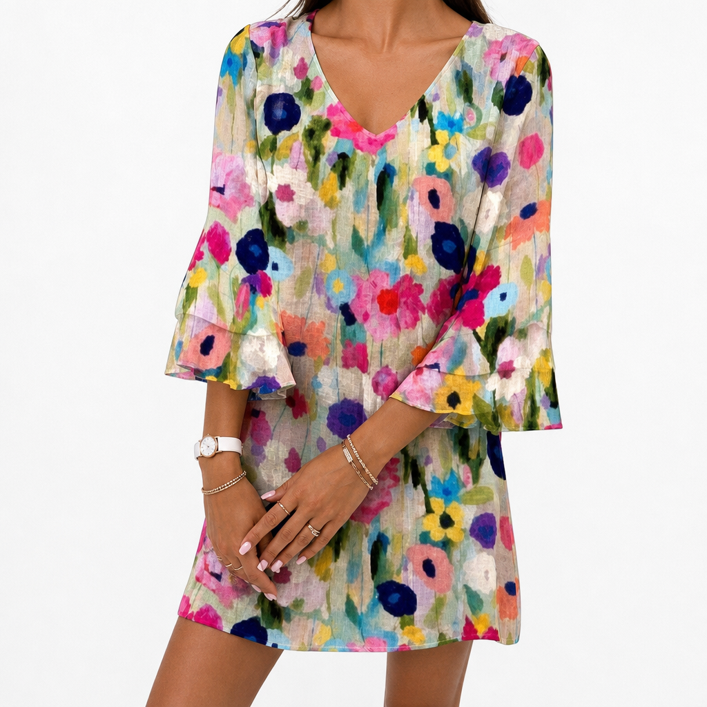 Ischia Watercolour Floral Bell-Sleeve Mini Dress