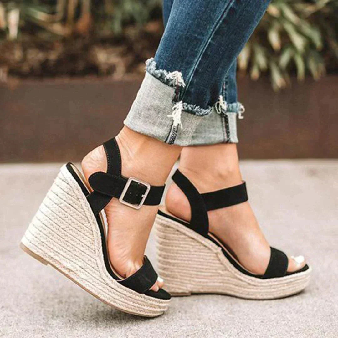 Women's Woven Wedge Sandals with Adjustable Buckle and Espadrille Heel
