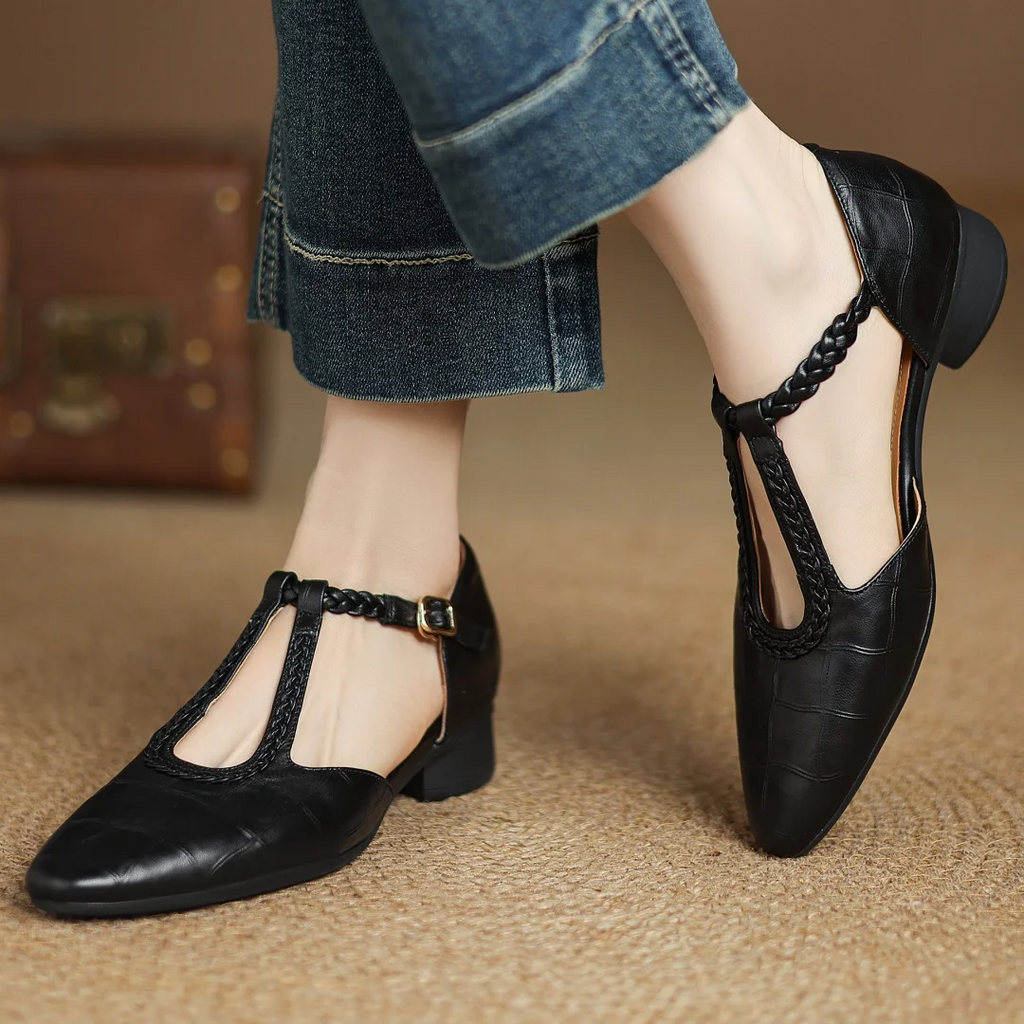 Women's Leather T-Strap Mary Jane Flats with Pointed Toe and Cushioned Sole