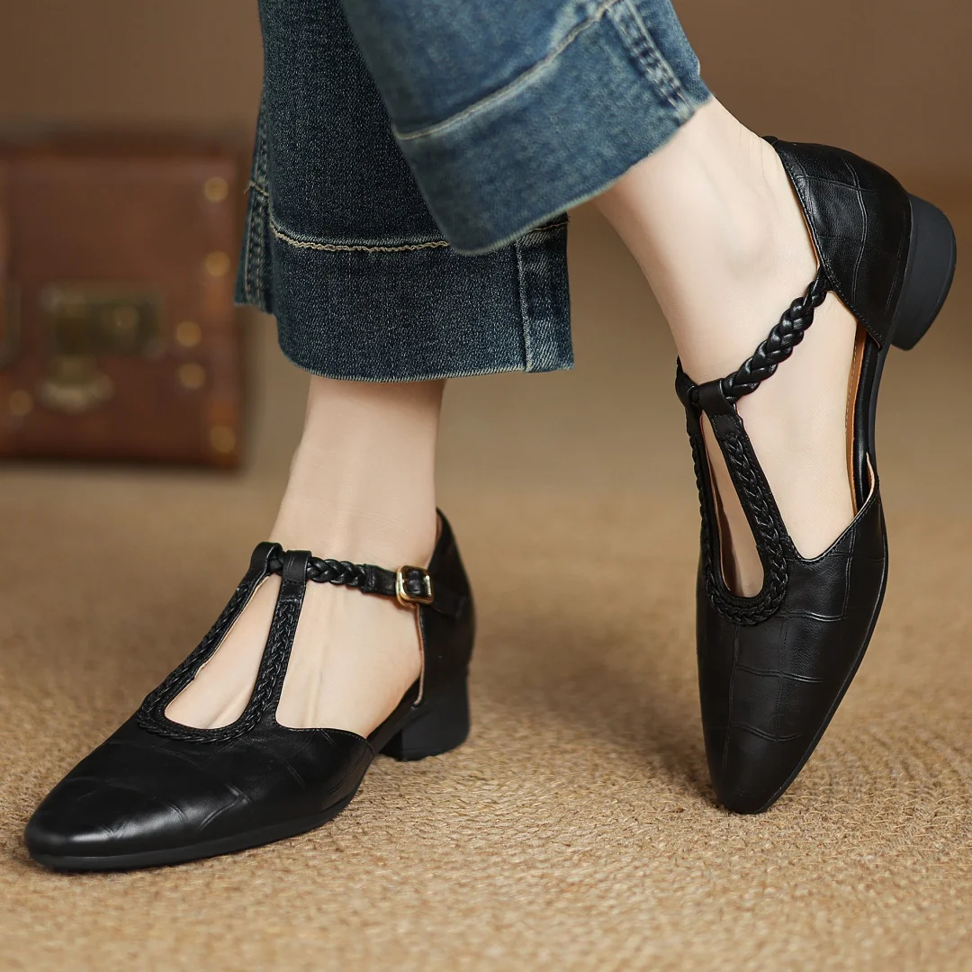 Women's Leather T-Strap Mary Jane Flats with Pointed Toe and Cushioned Sole