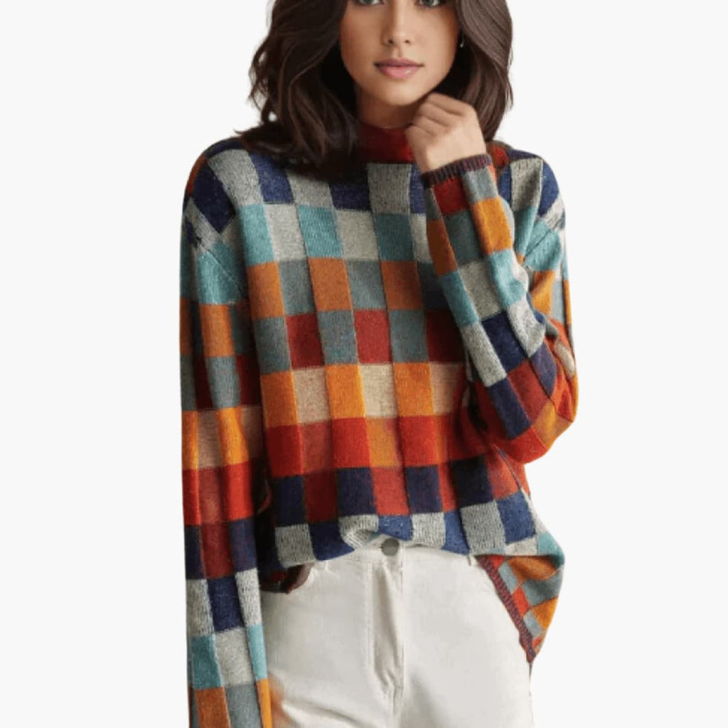 Women's Patchwork Turtleneck Sweater with Long Sleeves and Ribbed Cuffs